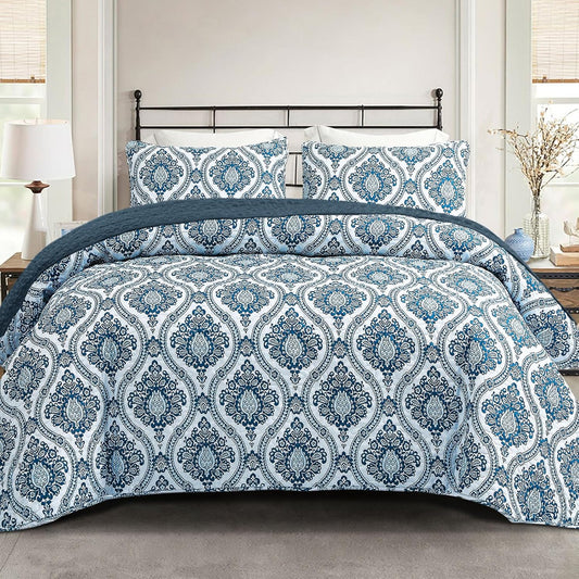 Exclusivo Mezcla Reversible Boho Quilt Set Queen Size, 3 Pieces Damask Blue All Season Bedspreads, Ultra Soft Floral Coverlet Bedding Set with Printed Pattern (1 Quilt, 2 Pillow Shams)