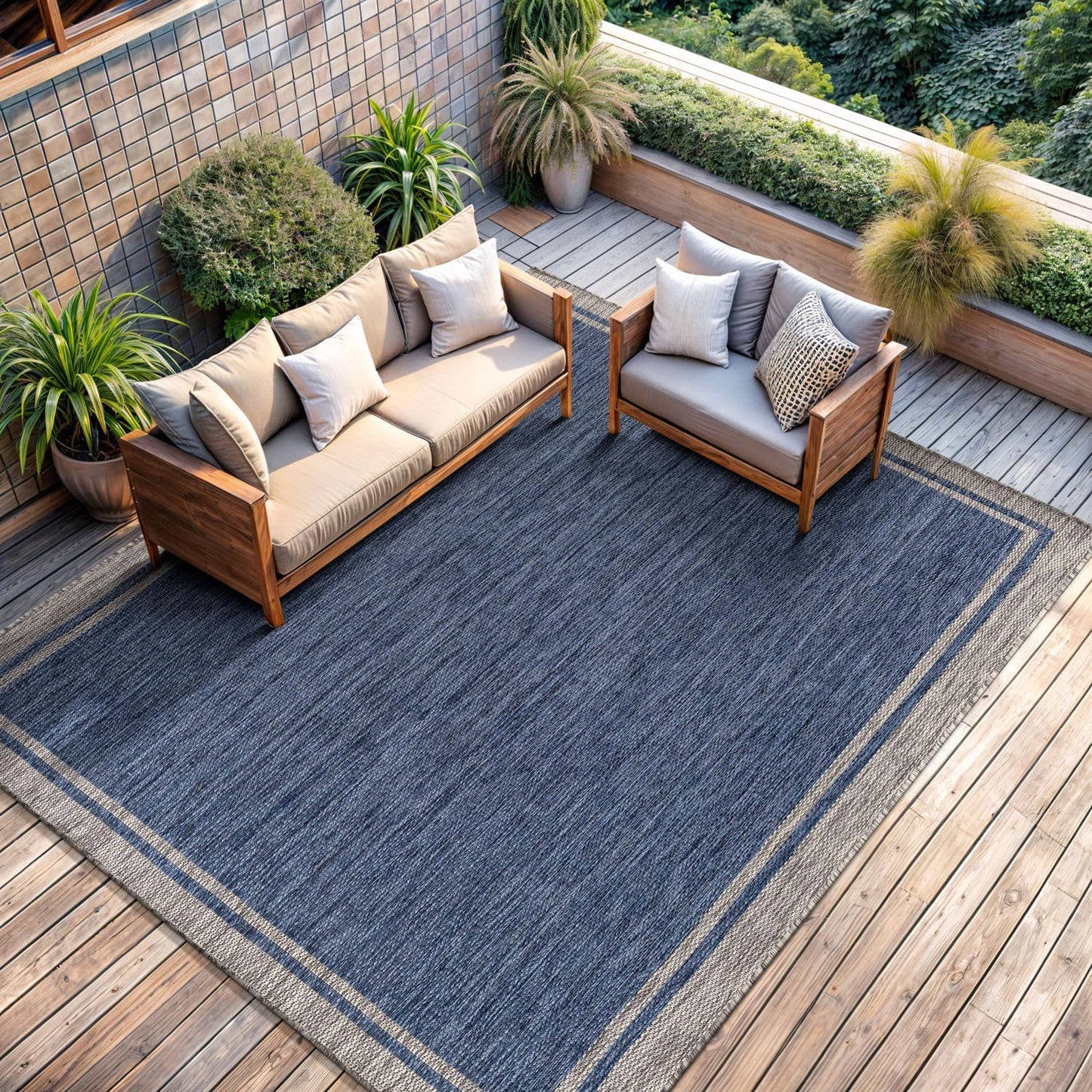 CAMILSON Indoor Outdoor Rug, 10x14 Bordered Navy Blue Gray Modern Large Area Rugs for Indoor and Outdoor Patios, Porches Waterproof Washable Porch Deck Outside Carpet (Bordered Navy, 10 x 14)