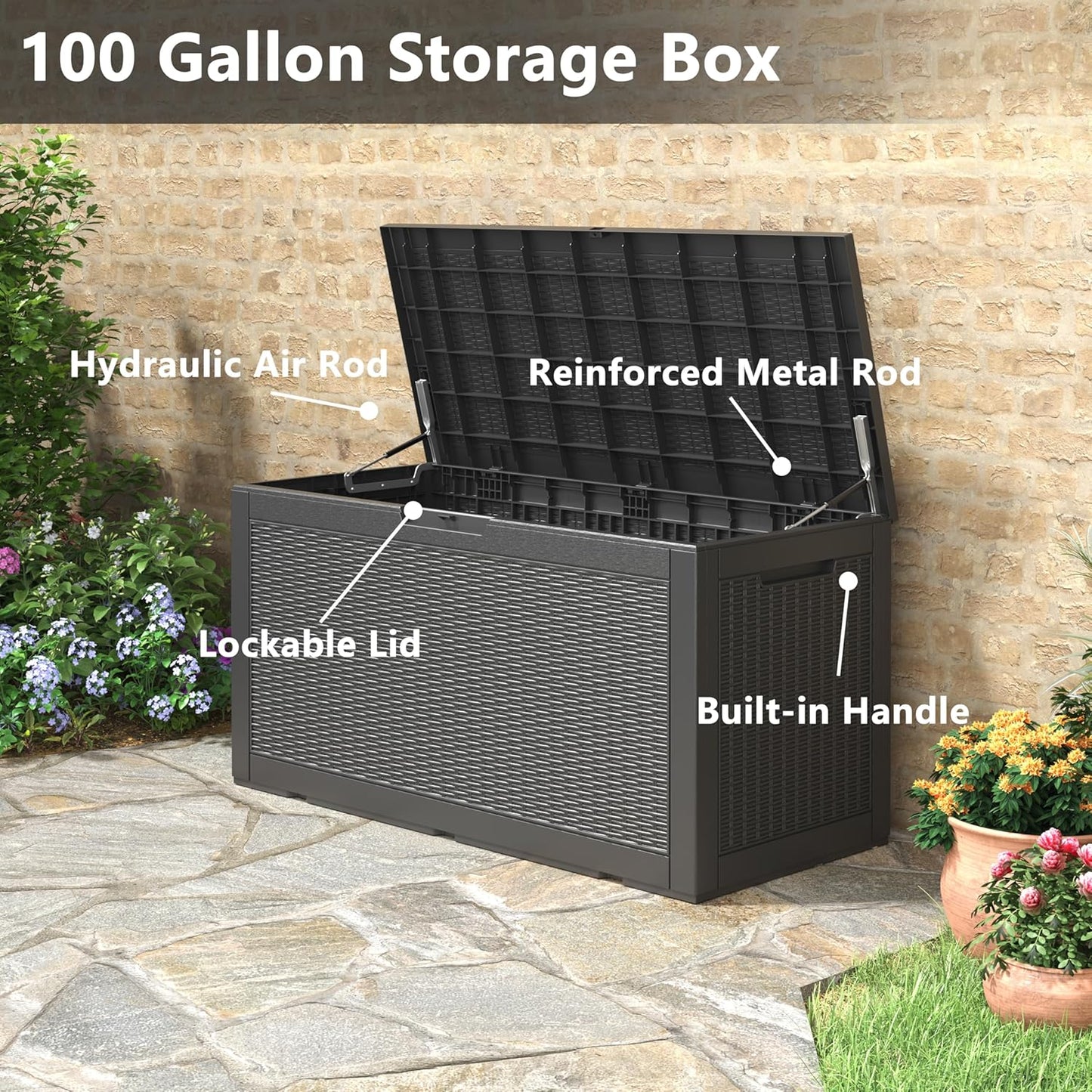 100 Gallon Deck Box Lockable Rattan Outdoor Storage Box waterproof Outdoor Container for Patio Furniture Cushions, Pillow