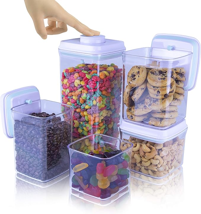 BopTop (5pc Set) Airtight Food Storage Container – Mechanical Silicone Seal Canister - BPA-Free Stackable - 2.5Qt/1.5Qt/.9Qt/.85Qt/.5Qt