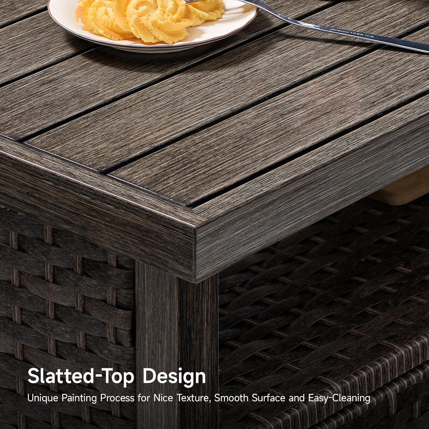 Outdoor Storage Cabinet, Woven Rattan Bar Table with 2 Doors, Slatted-Top, Wicker Console Table for Patio, Garden, Backyard, Kitchen - Brown