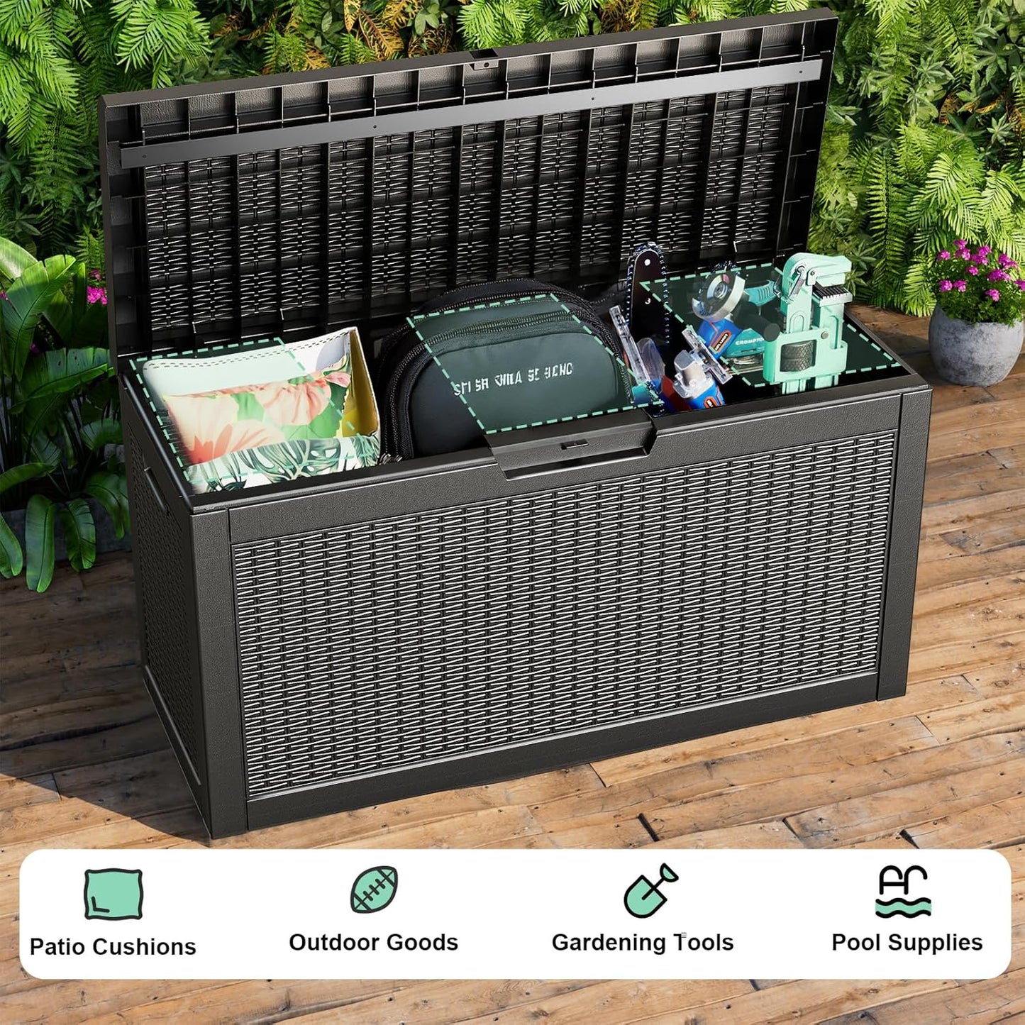 Vixzen 60 Gallon Outdoor Deck Box,Lockable Resin Waterproof Storage Box,UV Resistant,Weather Resistance,Outside Storage Bin for Gardening Tools,Pool Supplies,Black