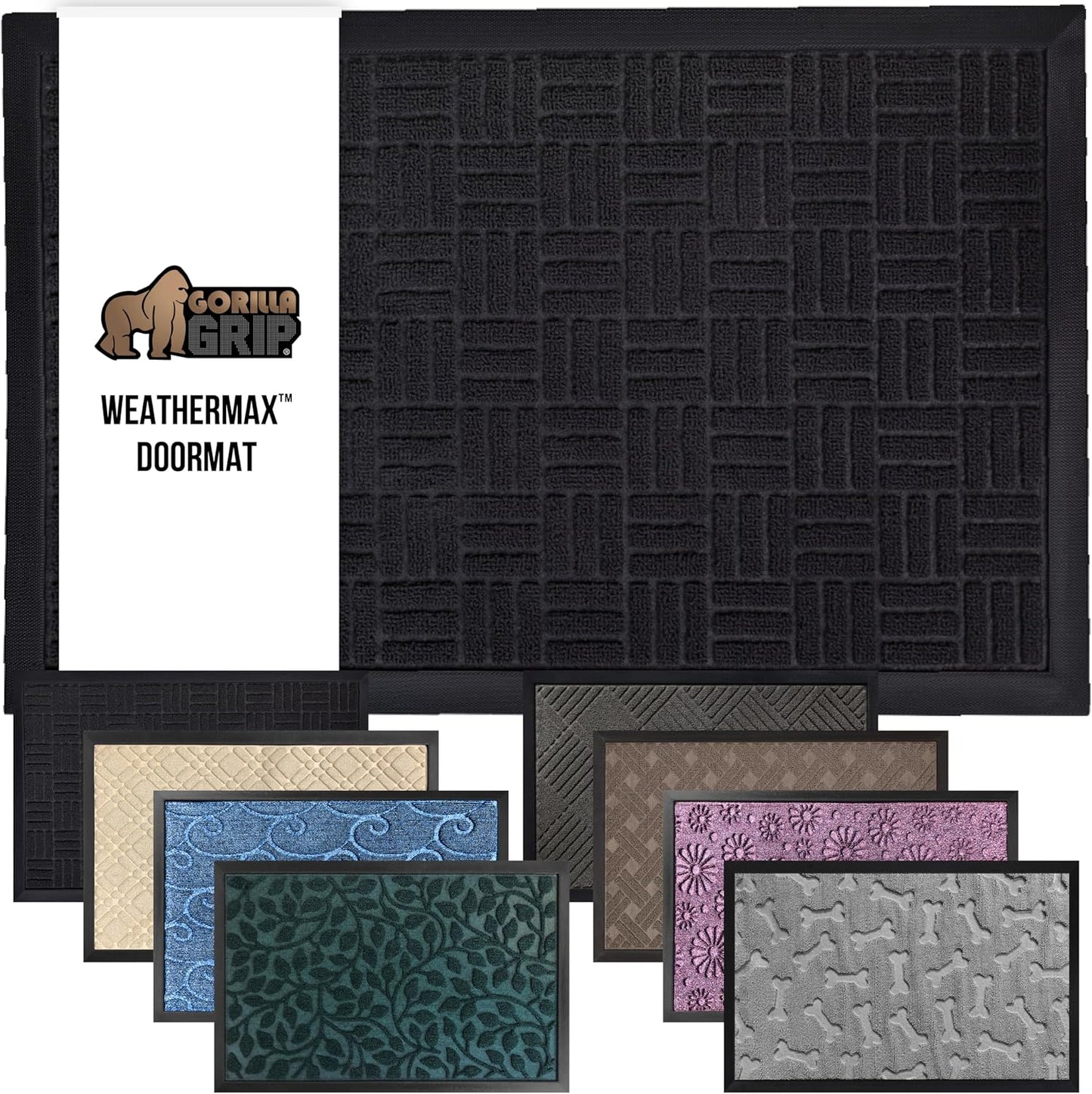 GORILLA GRIP 100% Waterproof All-Season WeatherMax Doormat, 47x35, US Designed Natural Rubber, Stain and Fade Resistant, Low Profile Indoor Outdoor Door Mats, Easy Clean Patio Mat, Midnight Maze