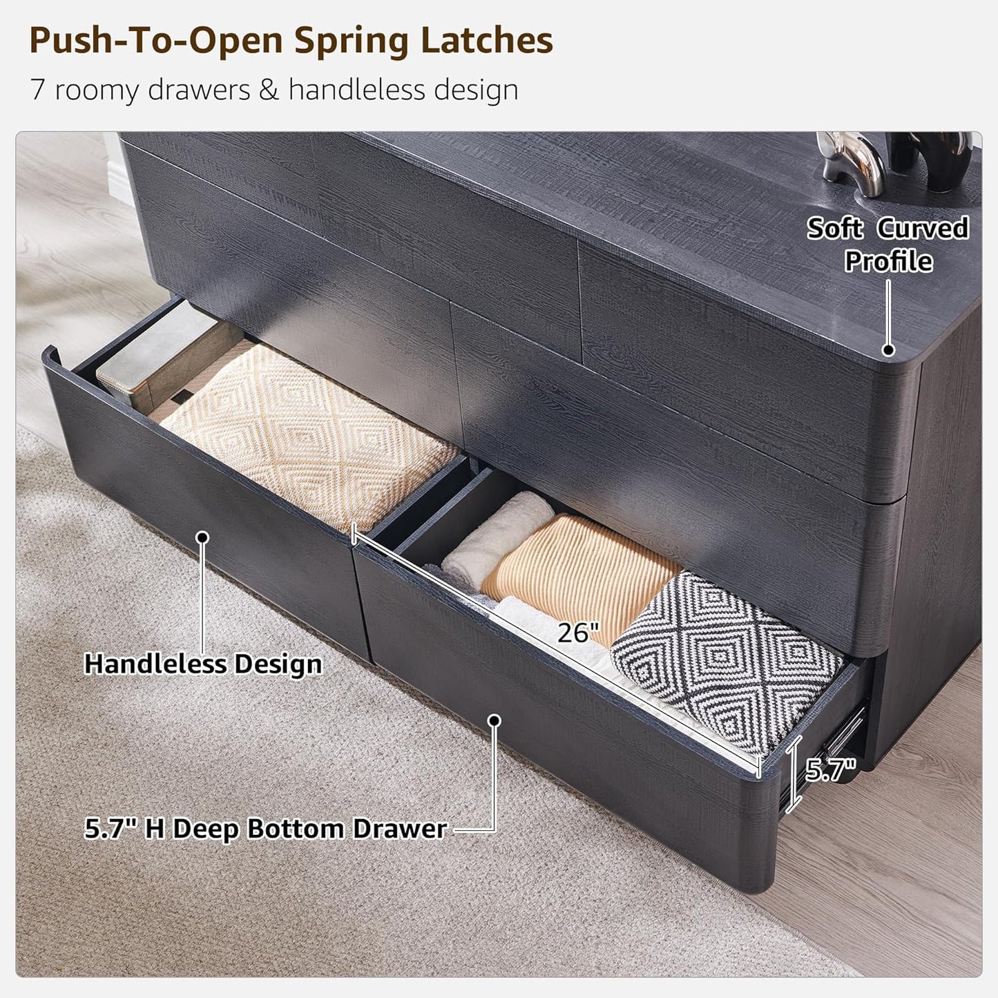 Modern 7 Drawer Dresser for Bedroom, 52" Wide Handleless Chest of Drawers, Push-to-Open Large Wood Storage, Dresser TV Stand for Bedroom, Living Room, Hallway, Curved Profile, Black