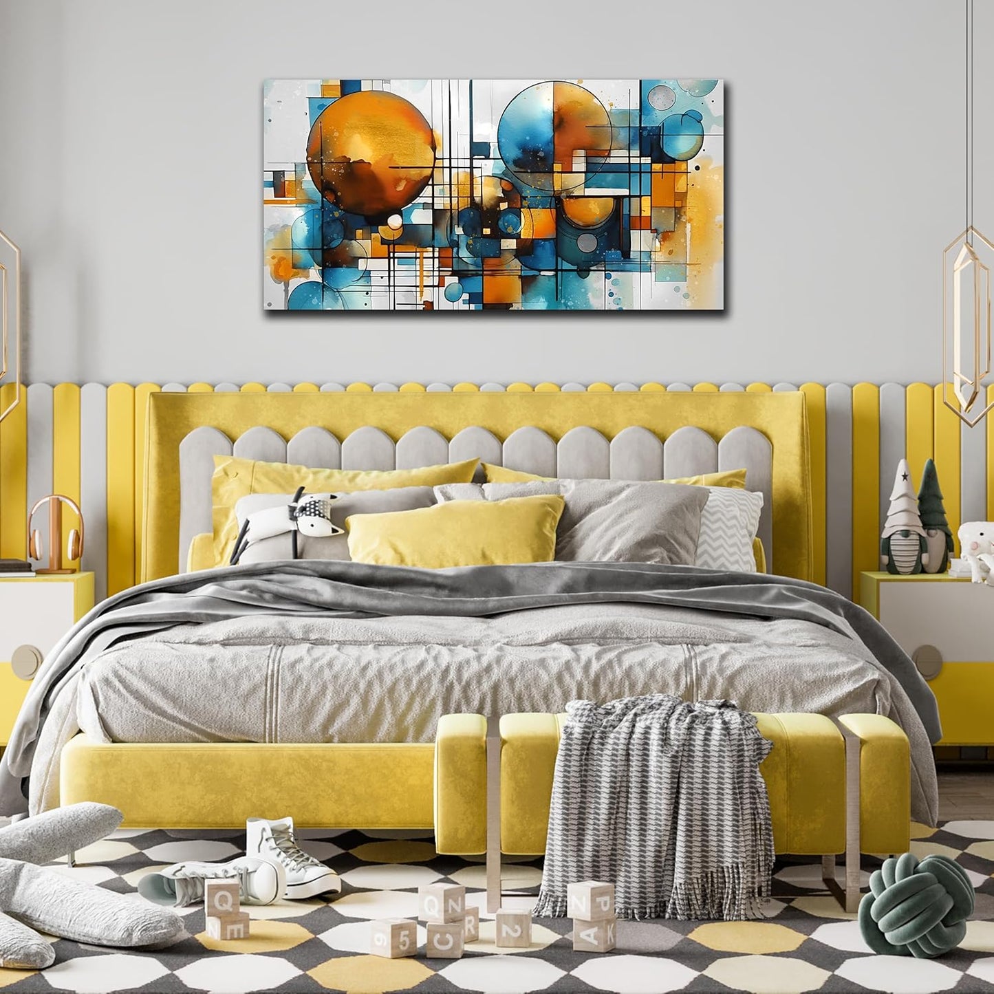 ENTANUB Abstract Canvas Wall Art for Living Room, Circle Wall Decor for Bedroom, Orange and Blue Print Paintings Artwork, Size 20x40 Inches