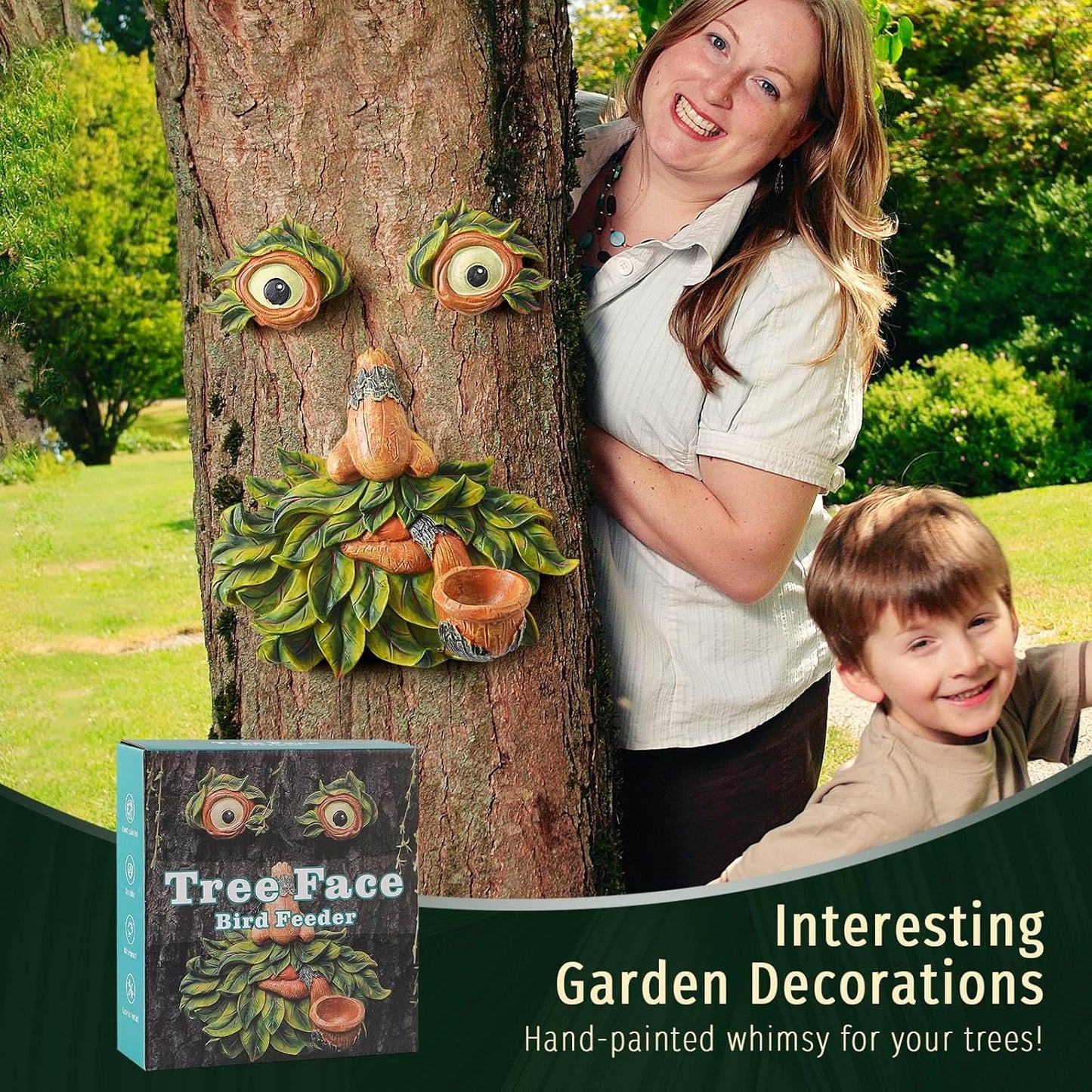 Tree Face Decor Outdoor,Whimsical Outdoor Art with Bird Feeder,Tree Hugger Bark Ghost Face Decoration Funny Yard Art,Garden Creative Decoration (8 INCH)