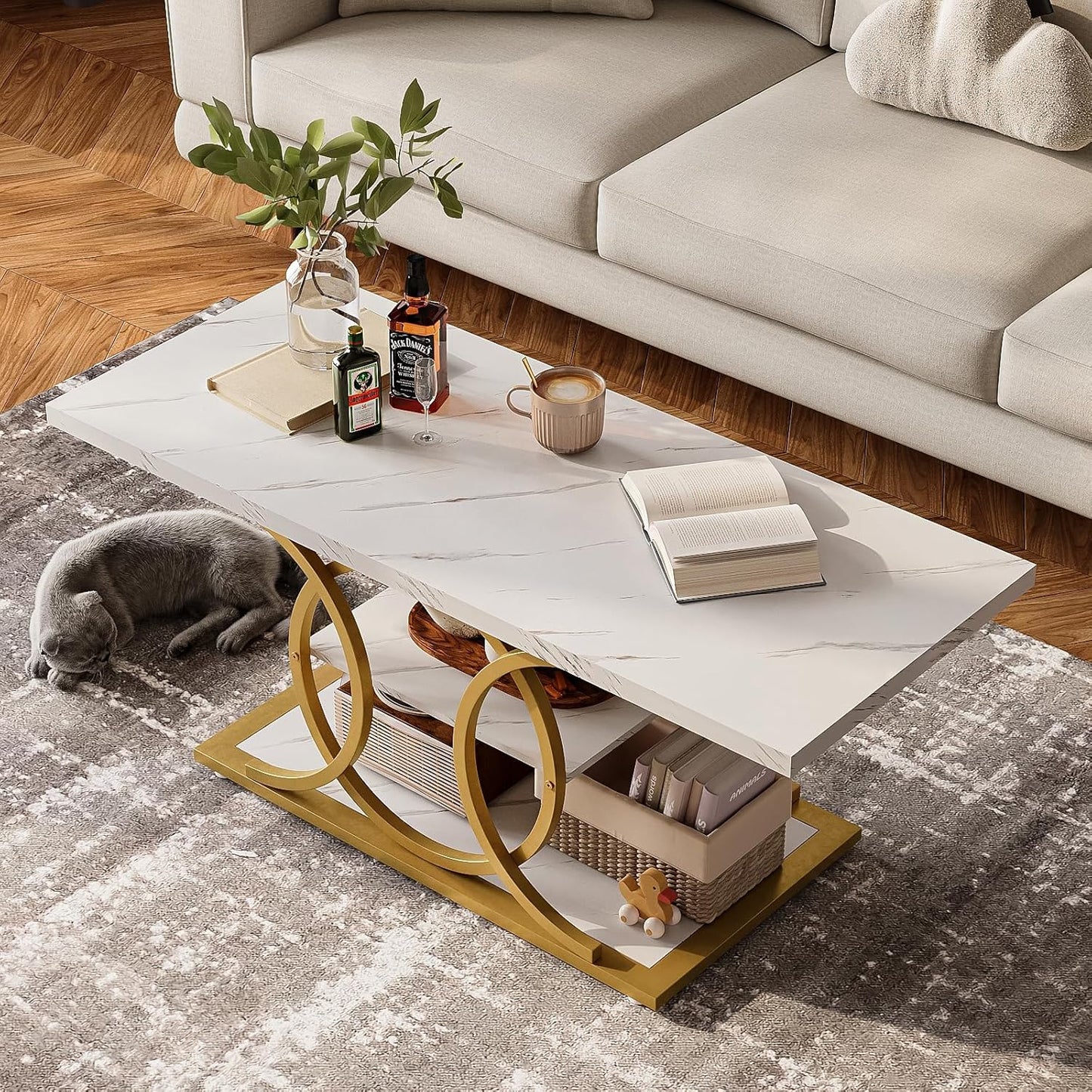 GiftGo Rustic Coffee Table with Storage Modern 3 Tier Center Living Room Table Faux Marble Wooden Rectangle Cocktail Tea Table for Office Bedroom Elegant Full Moon Design (White Gold, L-47)