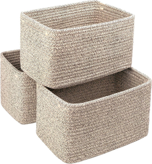 Small Cotton Rope Storage Basket Set of 3-11"x7"x7" Perfect Woven Baskets for Storage, Ideal Storage Baskets for Organizing Toys, Towels, and More - Baskets for Shelves and Home Decor（Beige）