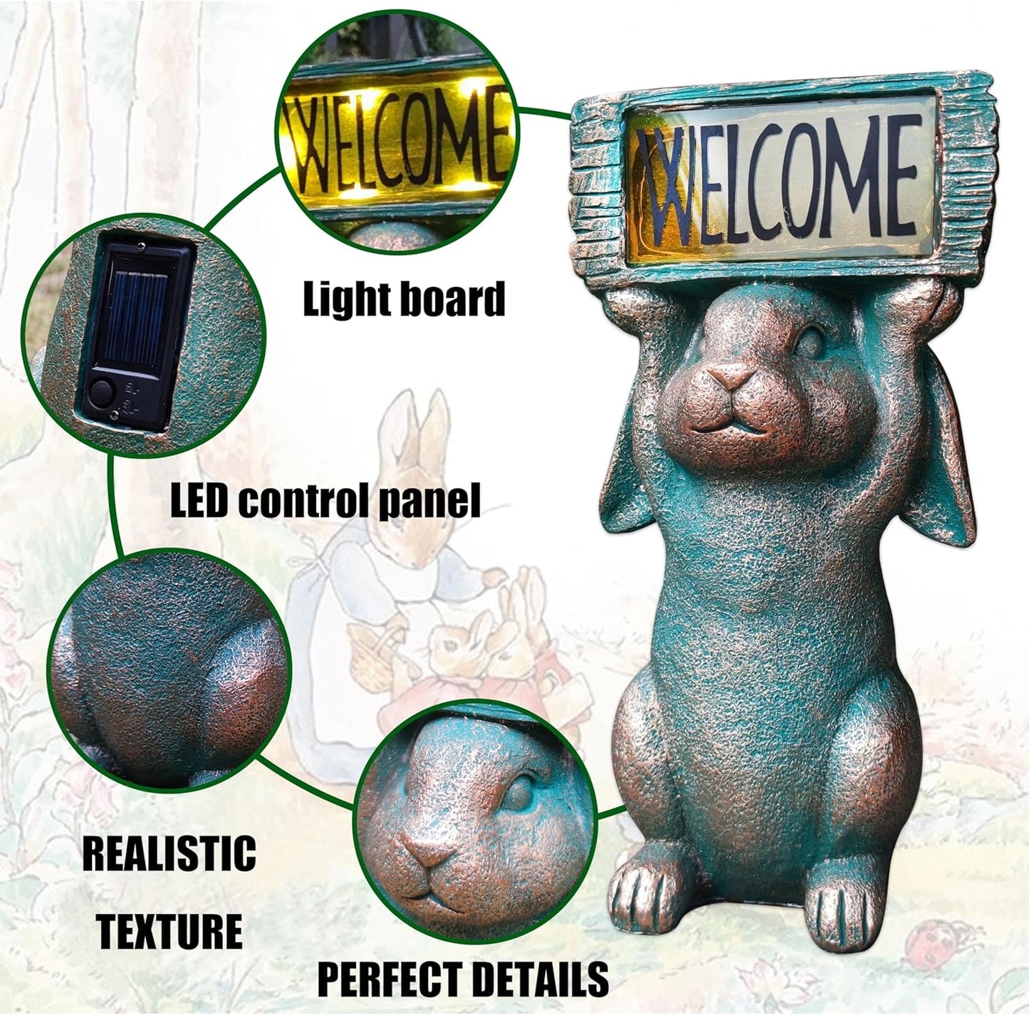 Rabbit Solar Welcome Garden Statues Outdoor Décor-Rabbit Figurines Solar LED Light Lawn Ornaments - Yard Decorations for Patio, Balcony, Backyard -Unique House Warming Gifts for Mom