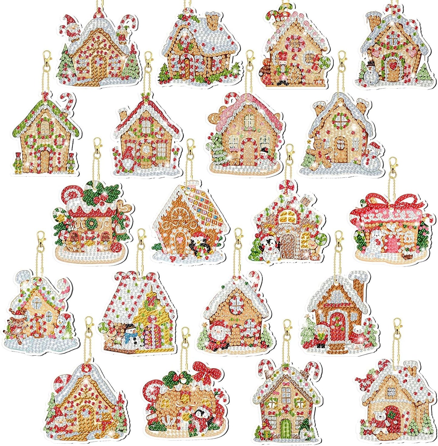 Tondiamo 20 Pcs Christmas Diamond Painting Keychain Kits 5D DIY Diamond Art Pendants Double Sided Hanging Key Chains for Christmas Party Decoration DIY (Gingerbread House)