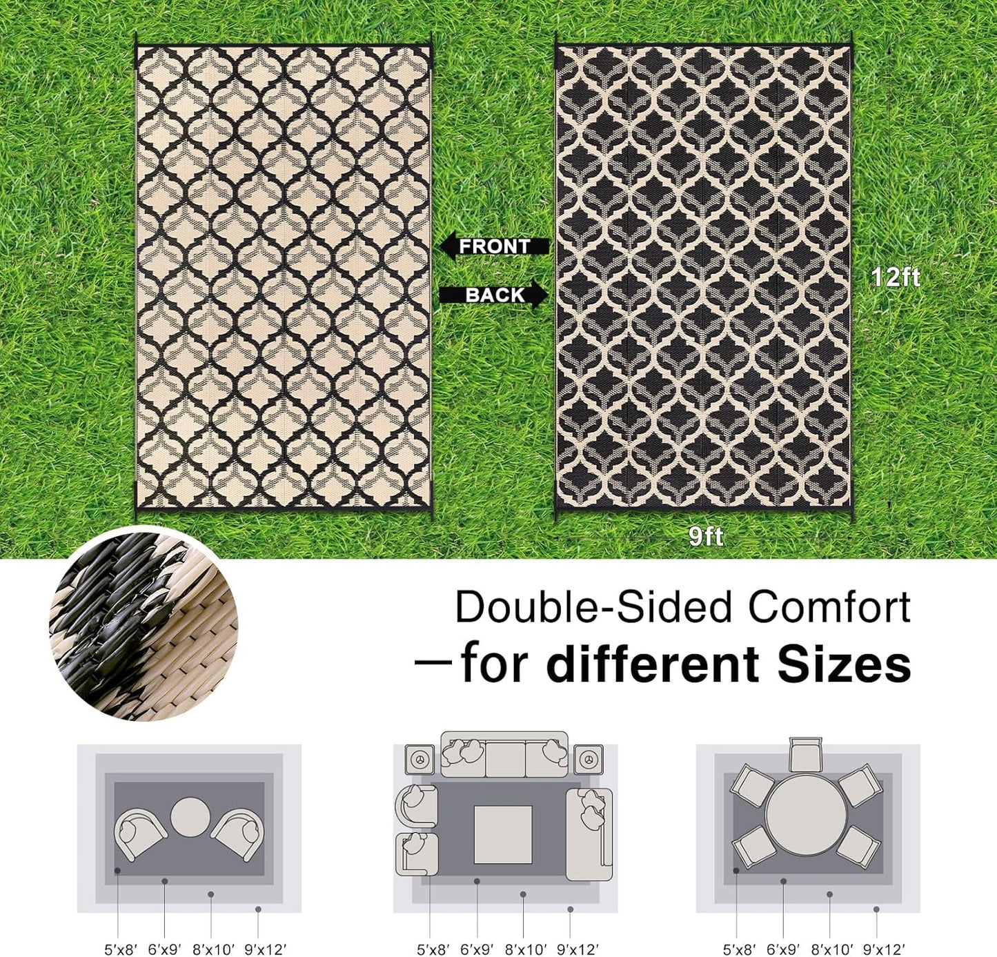 OLANLY Reversible Outdoor Rug 9x12 ft Clearance, Waterproof Outdoor Plastic Straw Rug with Interlacing Pattern, RV Mat for Patio, Camping, Balcony, Deck, Backyard, Black & Beige