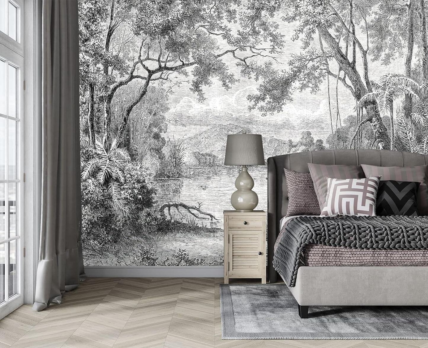 Black and White Tropical Rainforest Wall Mural Wallpaper for Bedroom 103" x 69"