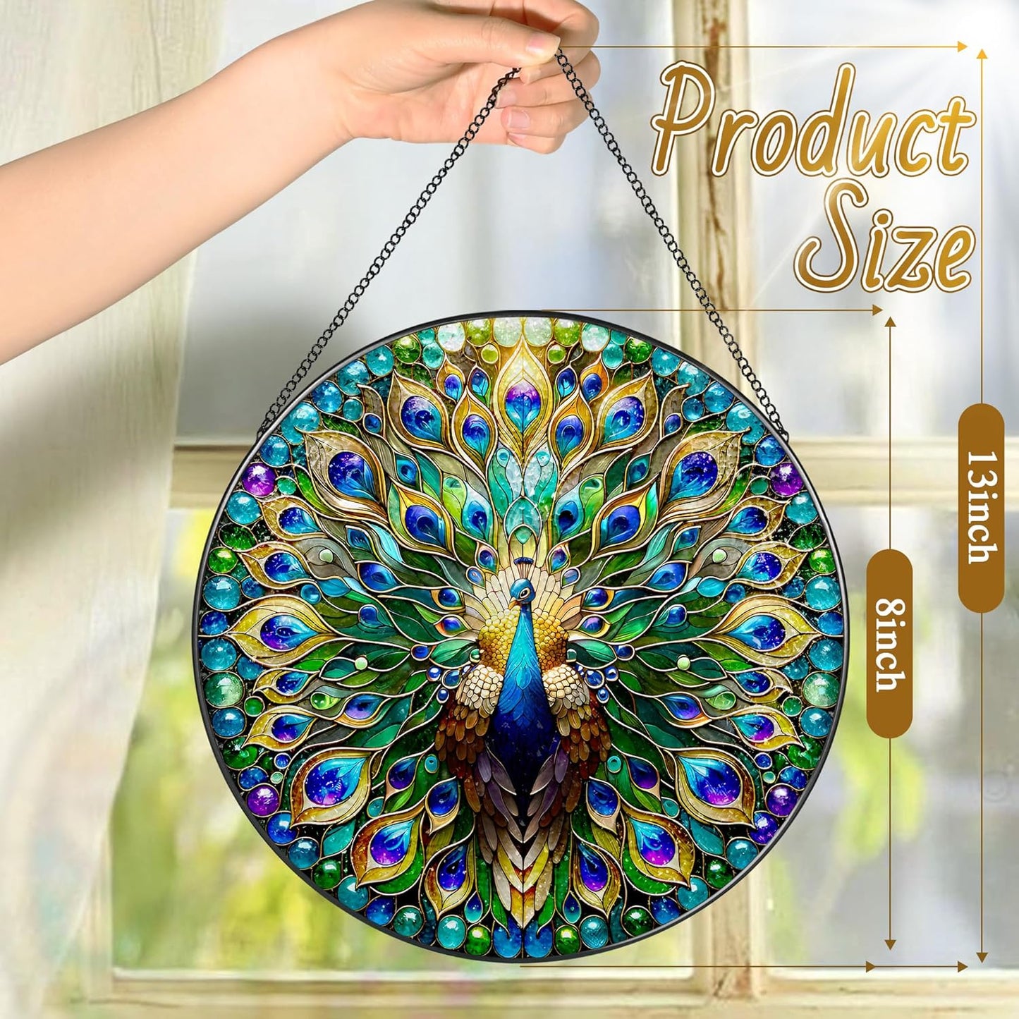 Stained Glass Window Hanging, LAOWEIKI 8'' Peacock Suncatcher, Stained Glass Ornament, Suncatchers for Windows Hanging, Window Decor, Outdoor or Indoor, Gifts for Women, Lovers, Couple, Friend, Bestie