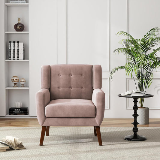 UIXE Accent Chair, Velvet Upholstered Armchair for Living Room, Modern Club Arm Chairs Comfy Single Sofa Button Tufted Bedroom Reading Seat - Skin Pink, Set of 1