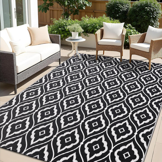 OLANLY Outdoor Rug 8x10 ft Waterproof, Outdoor Plastic Straw Rug with Geometric Pattern Clearance, Reversible RV Mat for Patio, Camping, Balcony, Deck, Backyard, Black & White