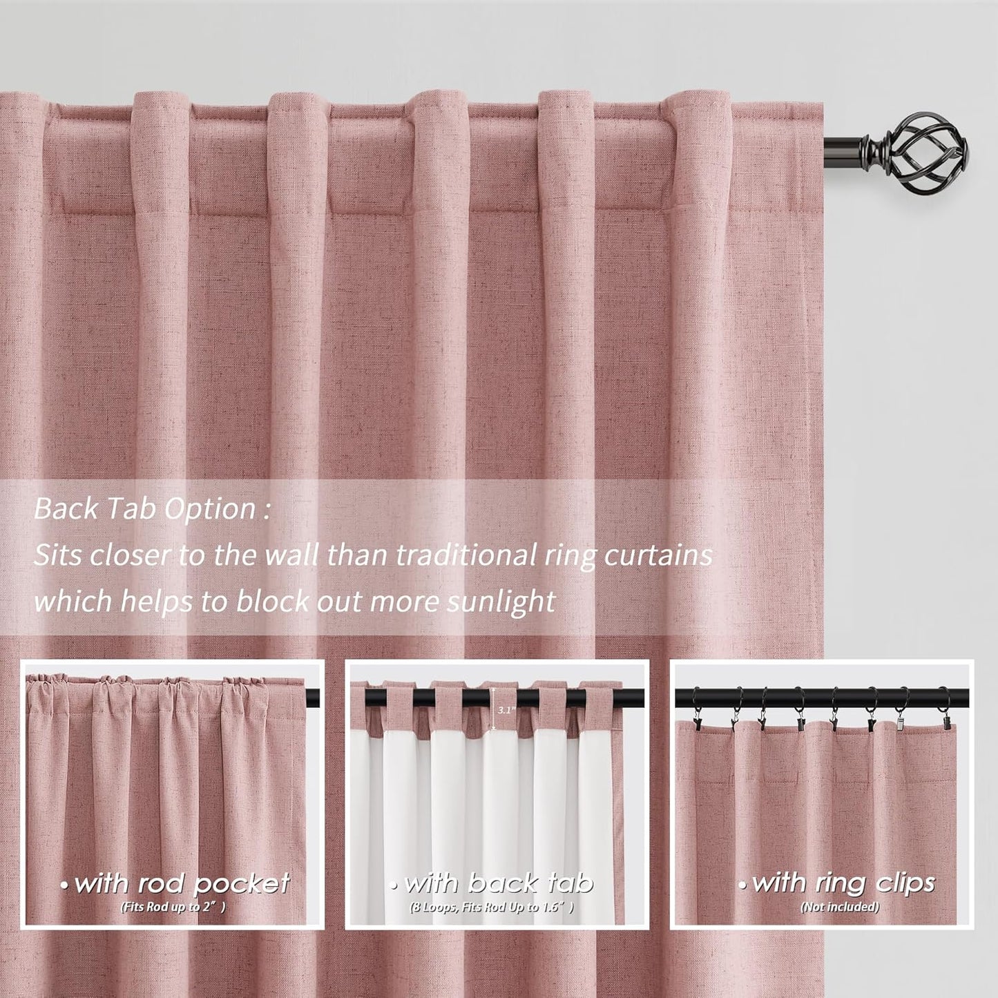 BOODII Room Darkening Curtains 120 Inch Thermal Insulated Black Out Linen Drapes Extra Long Blackout Curtains for Patio Door Large Window Ceiling to Floor Light Blocking Blush Pink 52x120