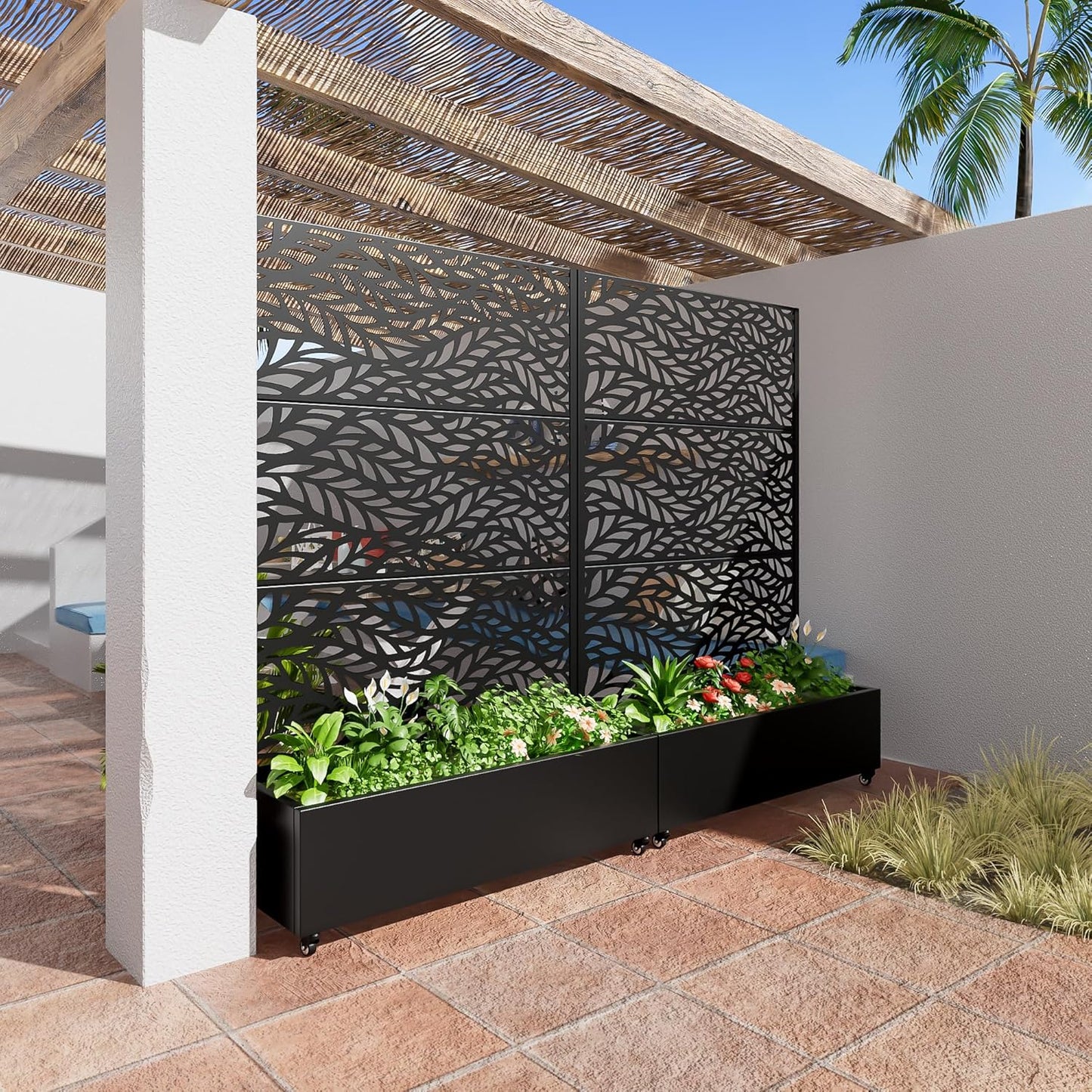 Casaphoria Metal Raised Garden Bed with Trellis and Wheels, 72"x47"x16" Planter Box for Climbing Plants, Vegetables & Vines, Features Drainage Holes and Privacy Screen (Black-Spring)