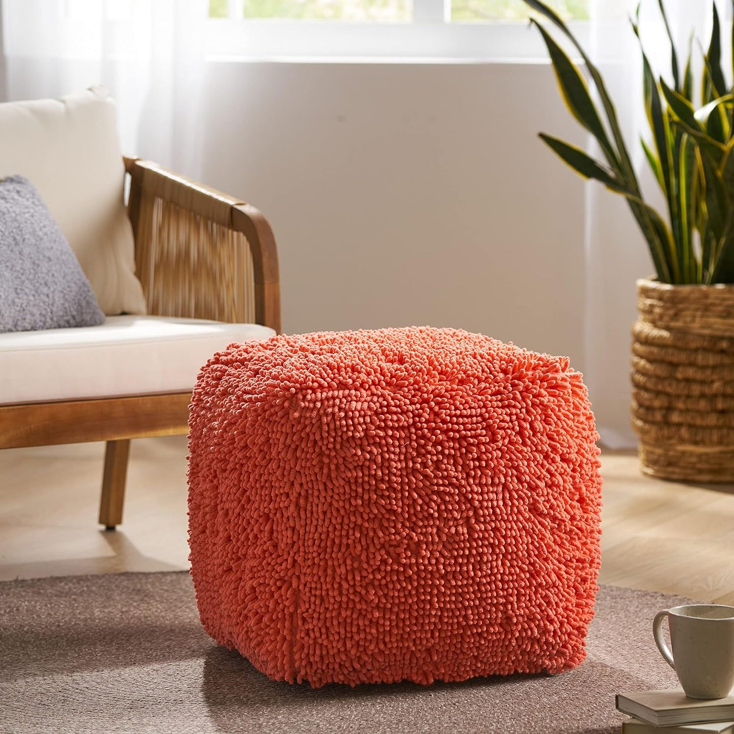 GDFStudio Modern Microfiber Chenille Cube Pouf Ottoman Foot Stool - Bean Bag Floor Chair - Foot Rest Couch for Living Room Bedroom,Coral,16"" x 16"" x 16"", Statha,coral, 314105N