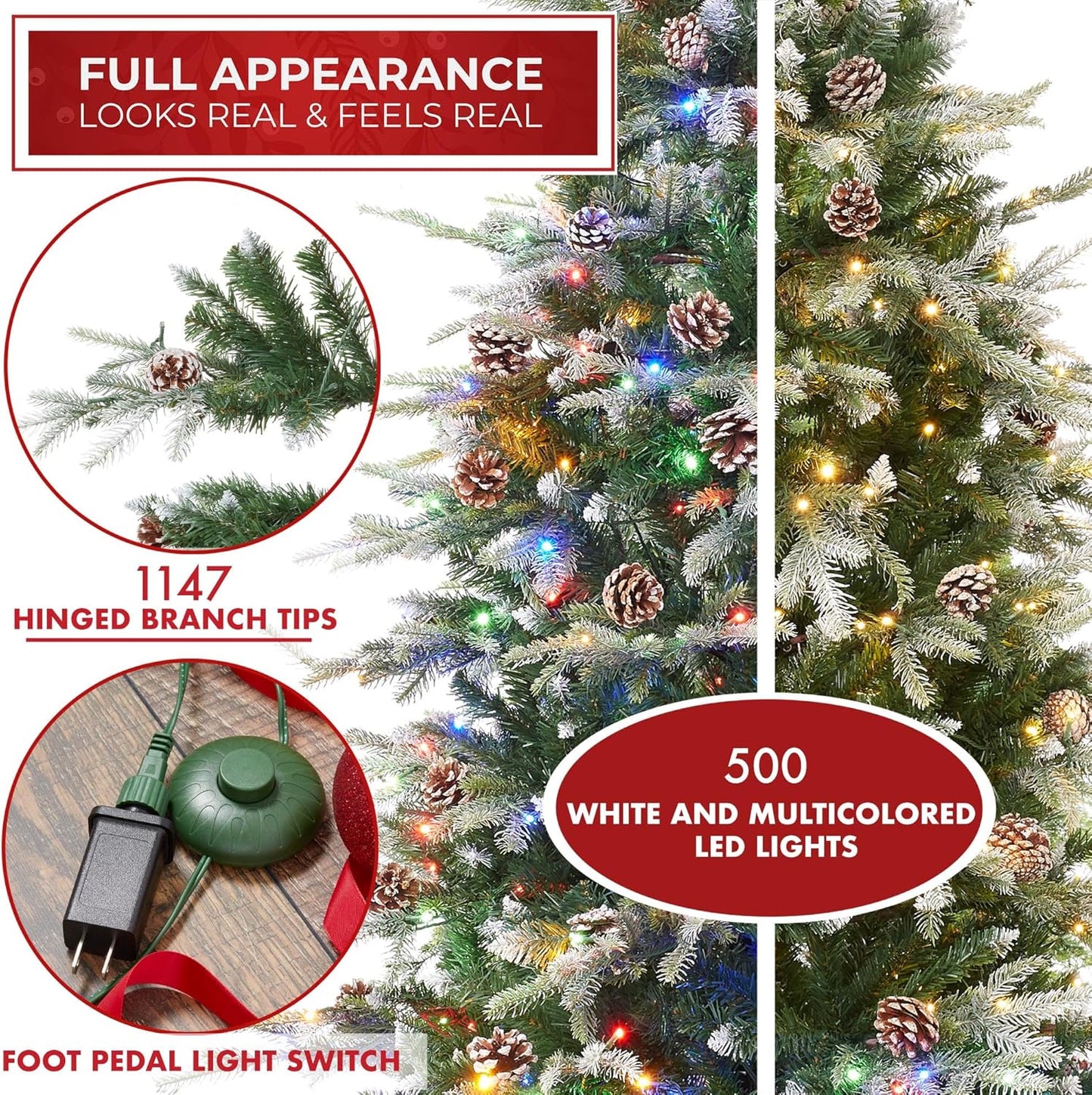 Casafield 7.5FT Pre-Lit Frosted Slim Aspen Fir Artificial Holiday Christmas Tree with White & Multicolored LED Lights, Partially Flocked Realistic Noble Fir with Metal Stand