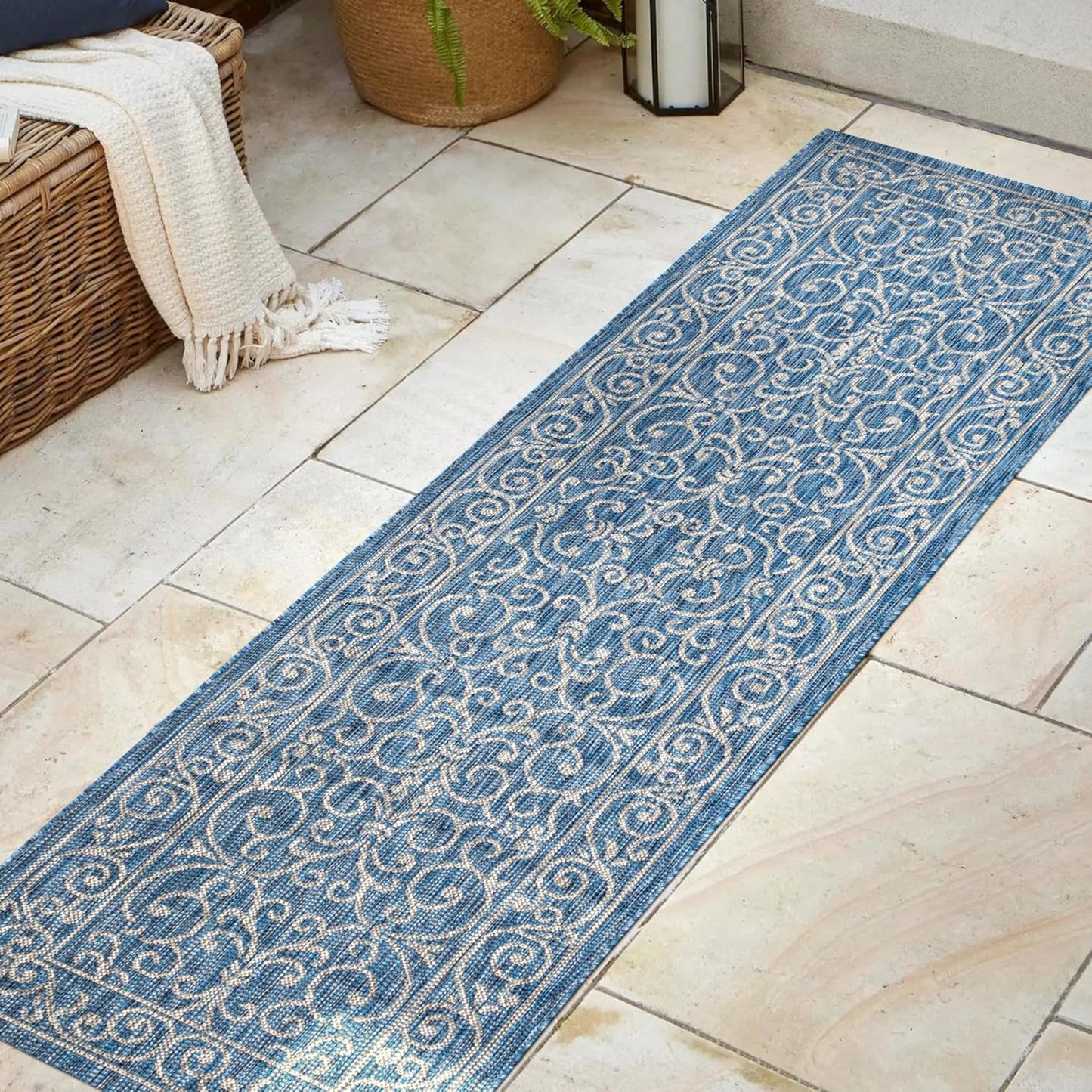 JONATHAN Y Vintage Filigree Indoor Outdoor Runner Rug 2X8 Navy/Gray, Charleston Textured Weave for Backyard, Patio, Porch, Easy-Cleaning, High Traffic, Pet-Friendly, Non-Shedding (SMB106D-28)
