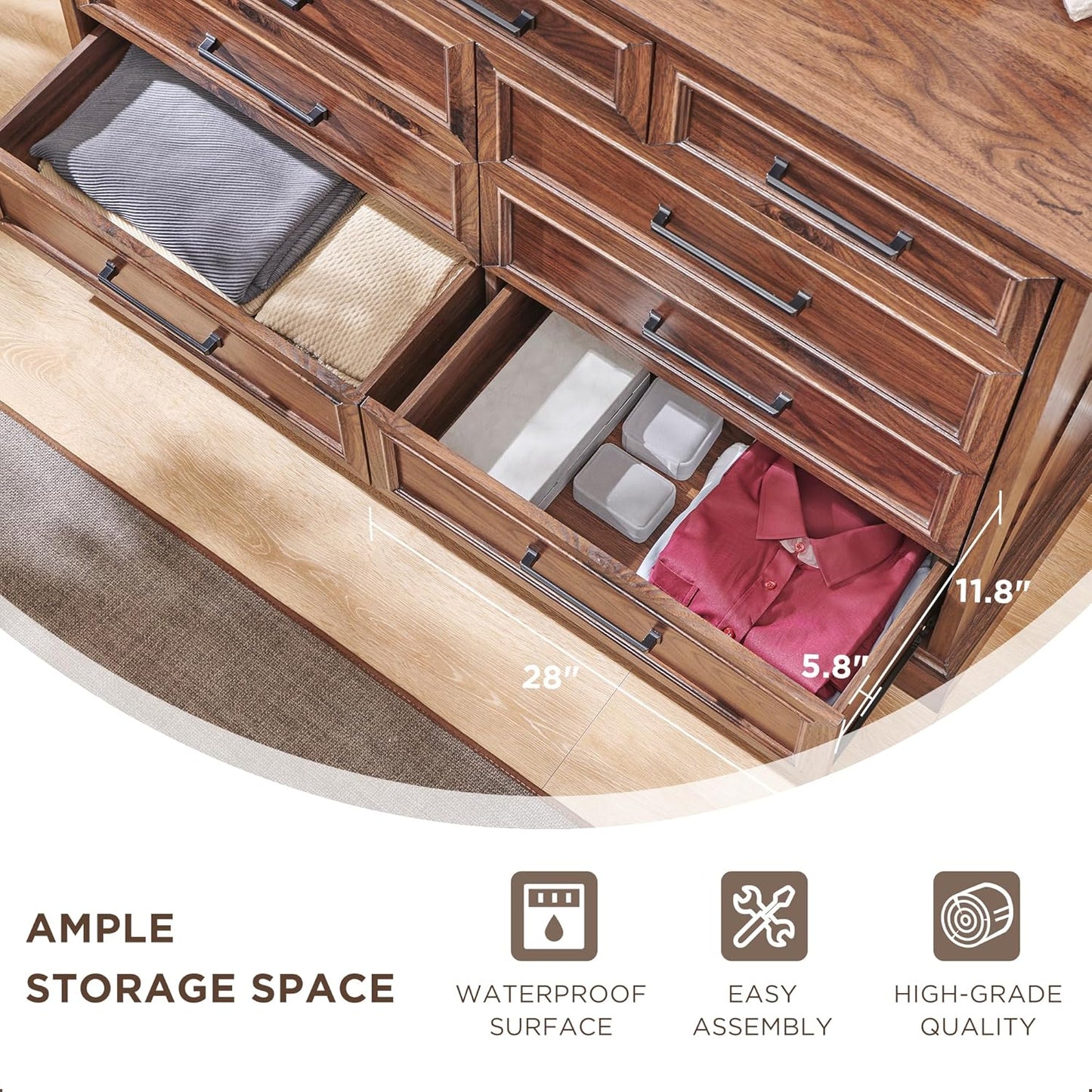 Farmhouse 9 Drawer Dresser for Bedroom, 36 Inch Tall Modern Dresser TV Stand with Large Drawers & Bar Handles, Rustic Wood Chest of Drawers for Bedroom, Living Room, Hallway, Brown