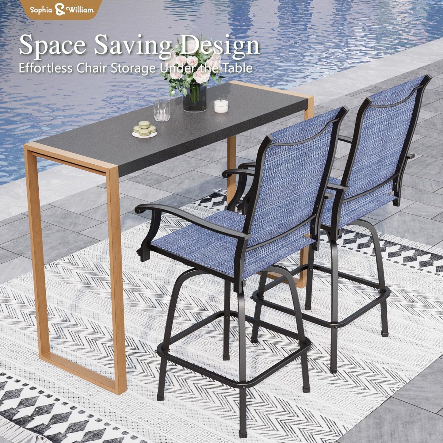 Sophia & William Outdoor Bar Set, Patio Bar Table and Chairs Set, Bar Height Patio Set - 2 x Swivel Bar Chairs(Blue), 1 x Rectangular Bar Table(Larimar Desktop)