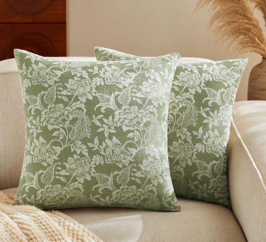 Floral Jacquard Throw Pillow Covers Set of 2, Background/Green 24x24 Inch, Farmhouse Decorative Cotton Sage Green Cushion Covers for Sofa Bed Living Room Home Decor