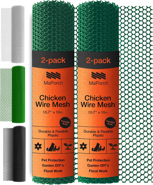 MaPorch Plastic Wire Mesh Fence - Green, 15.71" x 10 ft, 2 Pack - Plastic Chicken Wire Fencing for Dogs, Rabbits & Poultry - Chicken Netting Barrier - Balcony Netting for Pets - Balcony Cat Barrier