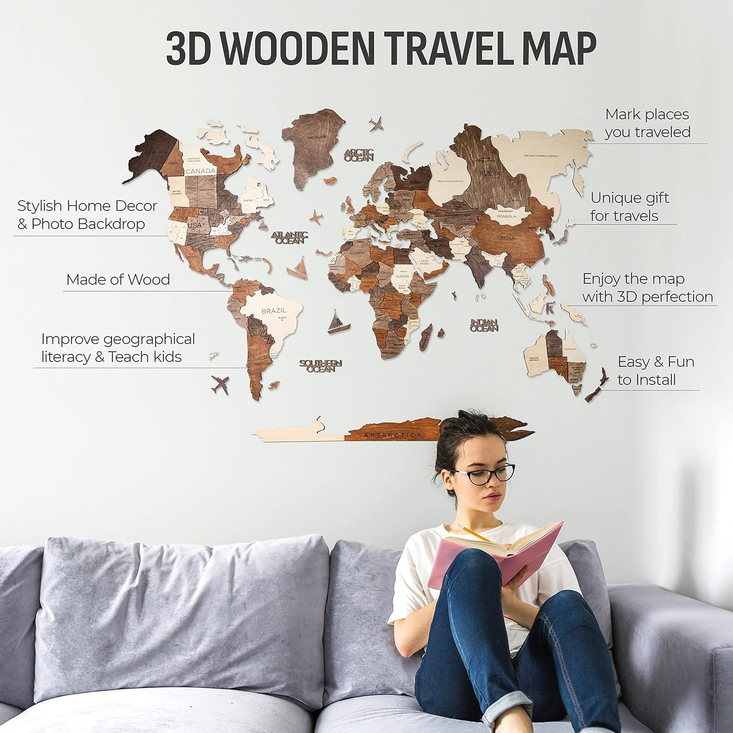 Handmade 3D Wood World Map Wall Art Large Wall Decor Track Your World Travels - Special For Home, Kitchen And Office (X-Large, Multicolor)