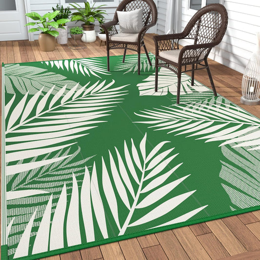 GENIMO Outdoor Rug 8' x 10' Waterproof for Patios Clearance, Reversible Outdoor Plastic Straw Camping Rug Carpet, Large Area Rugs Mats for RV, Picnic, Backyard, Deck, Balcony, Porch, Dark Green&White