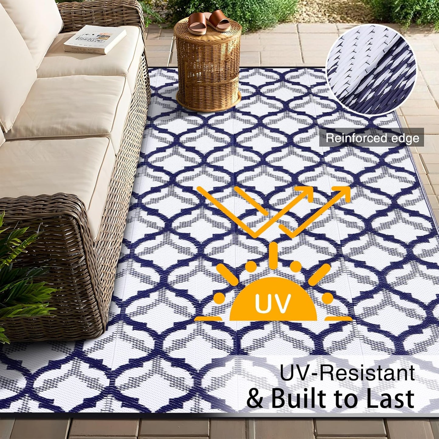 OLANLY Reversible Outdoor Rug 9x12 ft Clearance, Waterproof Outdoor Plastic Straw Rug with Interlacing Pattern, RV Mat for Patio, Camping, Balcony, Deck, Backyard, Navy & White