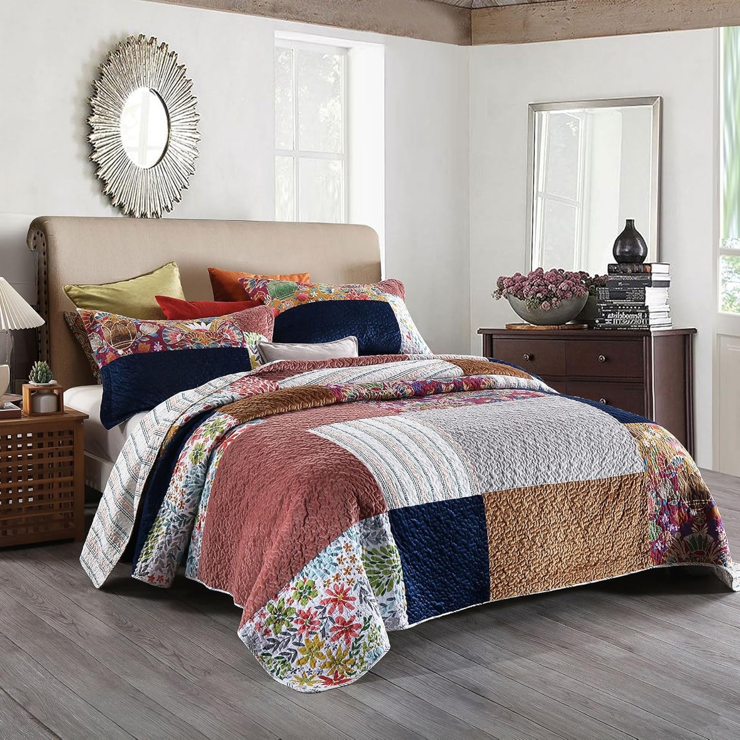 Secgo King Size Comforter Set- 100% Cotton Quilt King Size Set, Green, Sage bedspreads (96 * 108 Inch) with 2 Pillow Shams, Patchwork Reversible Lightweight Bedding