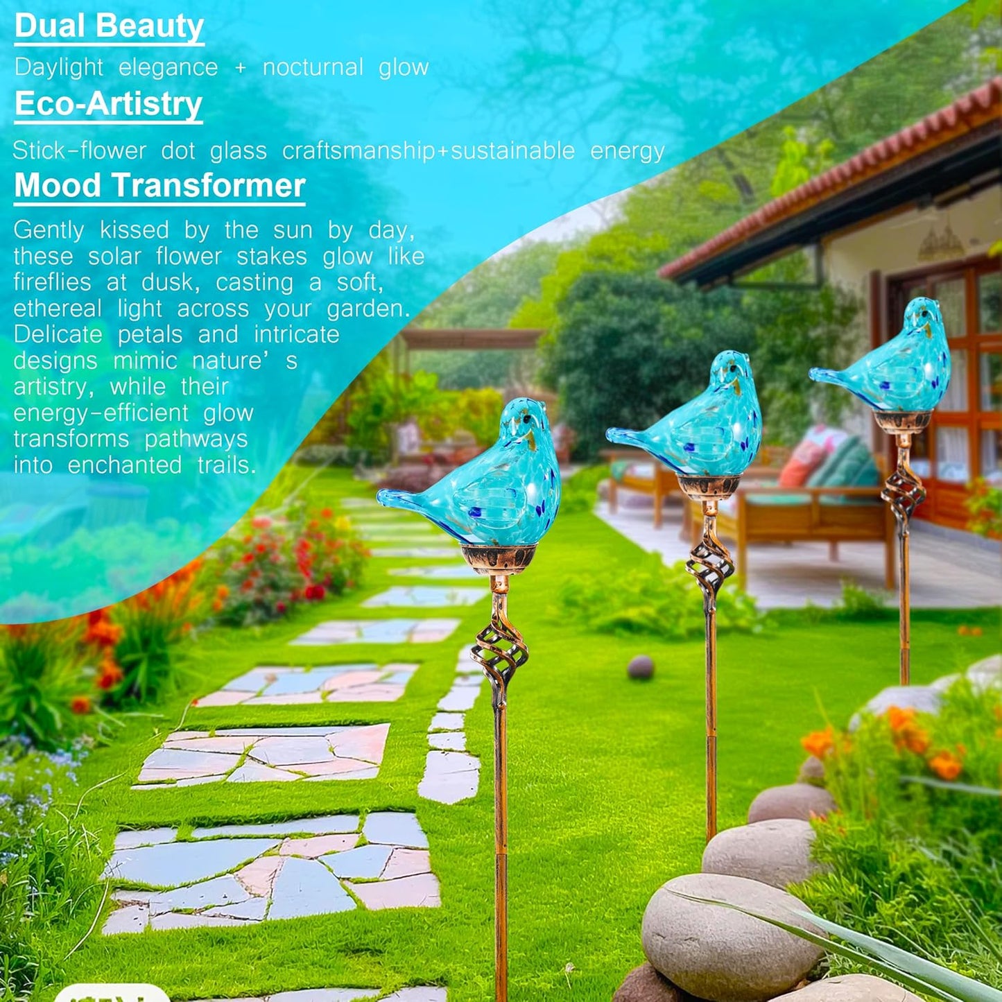 Decorative Solar Lights, Outdoor Solar Bird Stake Lights, Hand Blown Glass Decorative Garden Pathway Lights Outdoor Waterproof Glass Stakes (Light Blue)