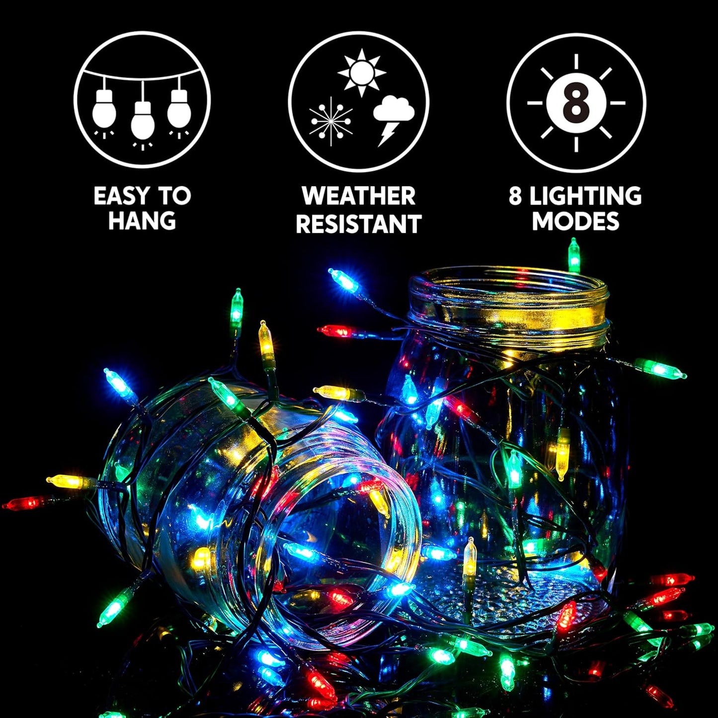Joiedomi LED Christmas String Lights,2×50 Count 32.6FT Battery Operated Christmas Tree Fairy Lights with 8 Modes,Multifunction Green Wire for Xmas Decor Party Holiday House,Multicolor