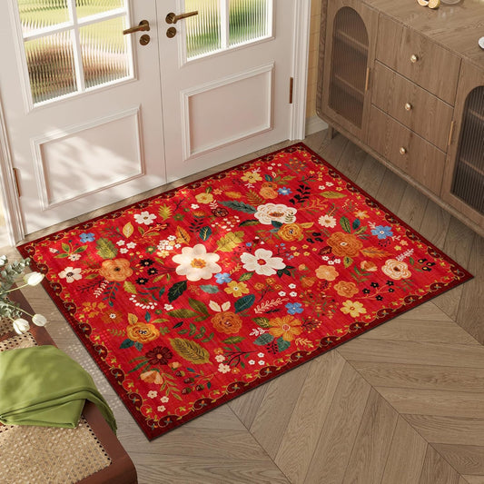 Door Mat Indoor Entrance 2x3 Rug Machine Washable Boho Floral Small Area Rug Non-Slip Low Pile Throw Rugs for Entryway, Kitchen, Front Door Indoor Entrance, Entry, Kids Room (Red)