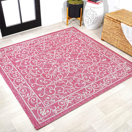 JONATHAN Y Vintage Filigree Indoor Outdoor Square Area Rug 5X5 Fuchsia/Light Gray, Charleston Textured Weave for Backyard, Patio, Porch, Easy-Cleaning, Pet-Friendly, Non-Shedding (SMB106J-5SQ)