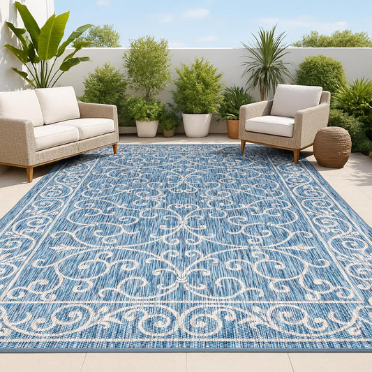 JONATHAN Y Vintage Filigree Indoor Outdoor Area Rug 10X14 Navy/Gray, Charleston Textured Weave for Backyard, Patio, Porch, Easy-Cleaning, High Traffic, Pet-Friendly, Non-Shedding (SMB106D-14)