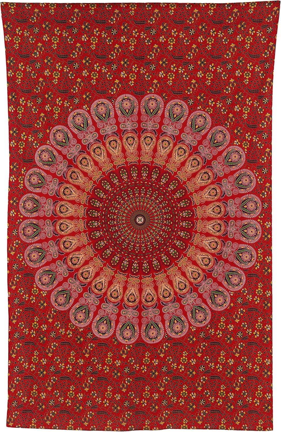 Bless International Handmade Indian hippie Bohemian Psychedelic Peacock Mandala Wall hanging College Dorm Beach Throws Table Cloth Bedding Tapestry (Golden Red, Medium(54x60Inches)(137x152cms))
