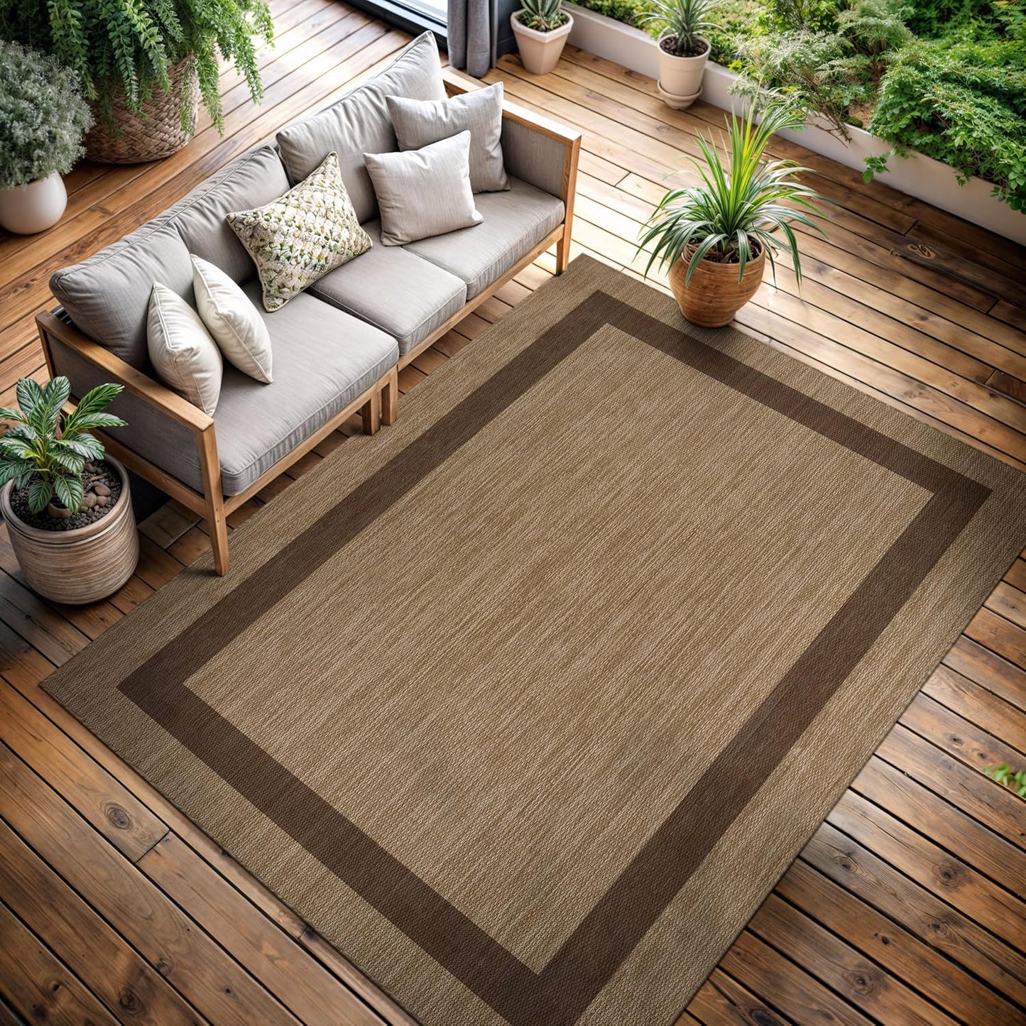 CAMILSON Outdoor Rug 5x7 - Modern Outside Rugs for Patios Porches Waterproof Durable Washable Non-Shedding, Easy-to-Clean Indoor Outdoor Area Carpet (5 x 7, Bordered - Jute)