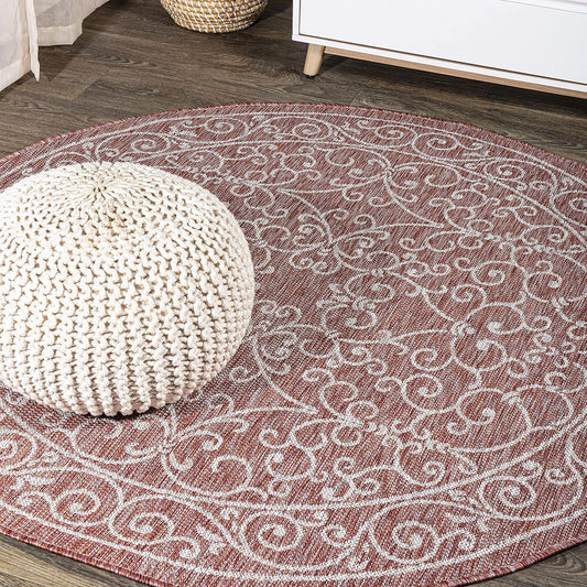 JONATHAN Y Vintage Filigree Indoor Outdoor Round Area Rug 9 Ft Red/Beige, Charleston Textured Weave for Backyard, Patio, Porch, Easy-Cleaning, High Traffic, Pet-Friendly, Non-Shedding (SMB106B-9R)