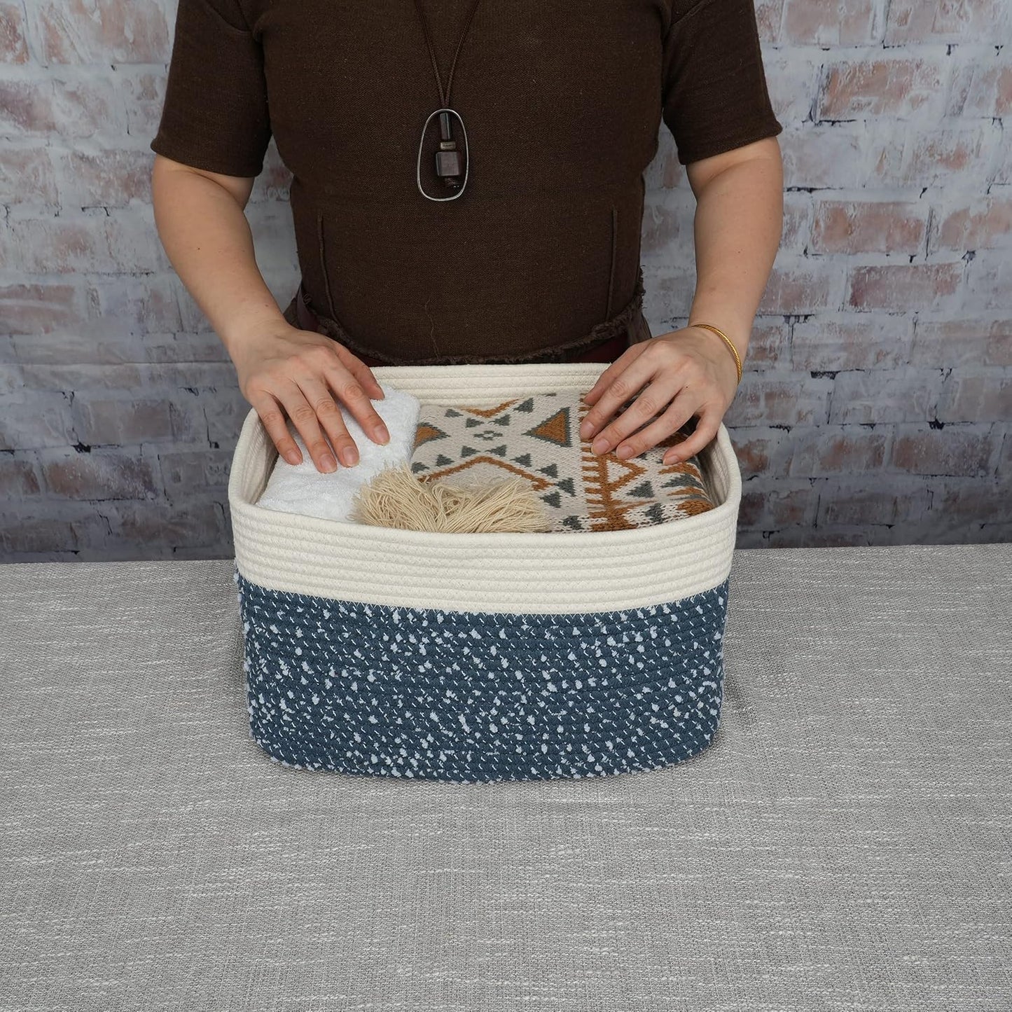 White and Blue Cotton Rope storage Basket Bins Woven Basket for Organizing Shelves 14.5X9.5X9.3“ Rectangle Decorative Baskets For storage Books Towels Wicker Nursery basket organizer Set of 3