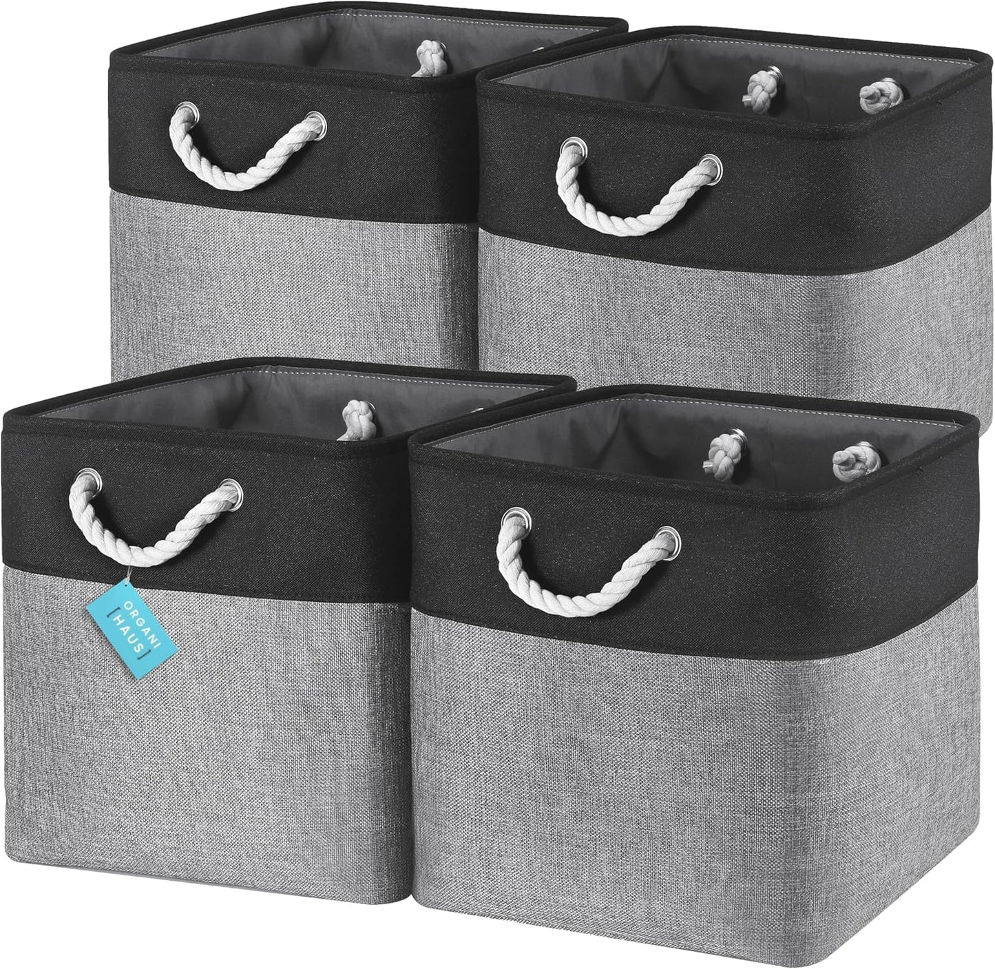 OrganiHaus 13x13 Cube Storage Bins 4 Pack, Foldable Cube Storage Organizer w/ Rope Handles, Collapsible Fabric Bins for Toys, Clothes & Closet Organization, Fabric Square Baskets - Gray/Black