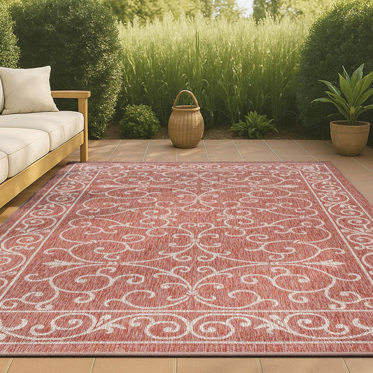 JONATHAN Y Vintage Filigree Indoor Outdoor Area Rug 8X10 Red/Beige, Charleston Textured Weave for Backyard, Patio, Porch, Easy-Cleaning, High Traffic, Pet-Friendly, Non-Shedding (SMB106B-8)