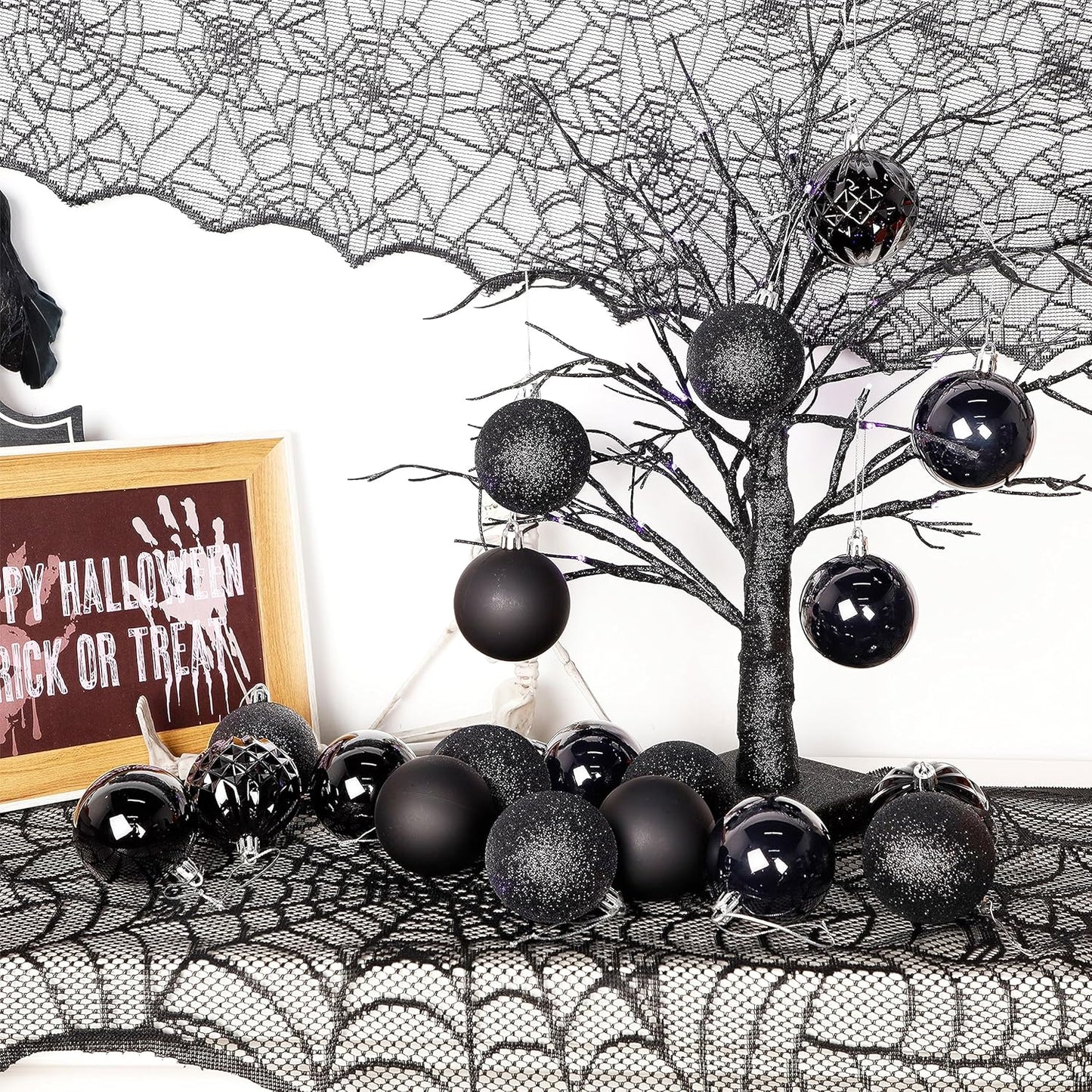 Lulu Home Halloween Ball Ornaments, 24 Ct 2.36" Pre-Strung Hanging Ornament Decorations, Shatterproof Plastic Balls for Holiday Party Wreath Garlands Trees, Black