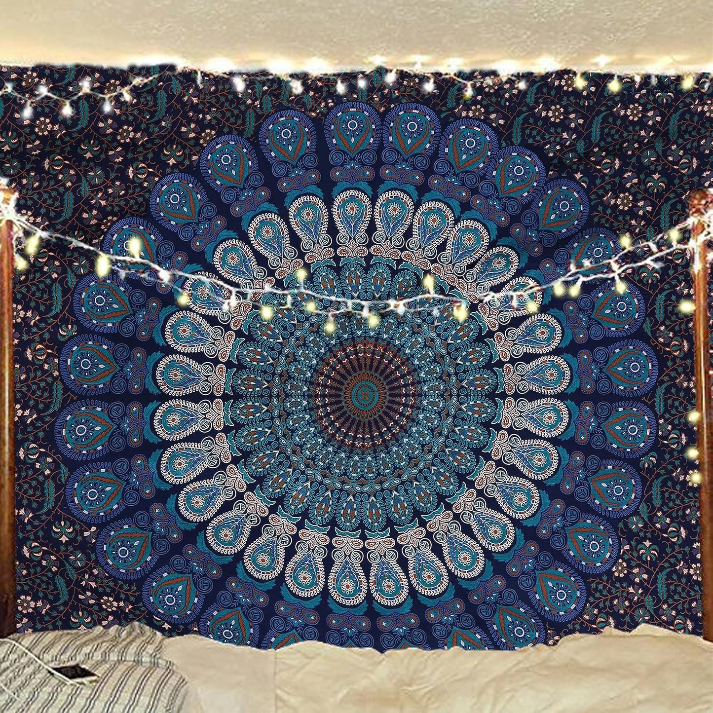 Bless International Handmade Indian hippie Bohemian Psychedelic Peacock Mandala Wall hanging College Dorm Beach Throws Table Cloth Bedding Tapestry (Blue Green, Poster(30x40Inches)(76x101cms))