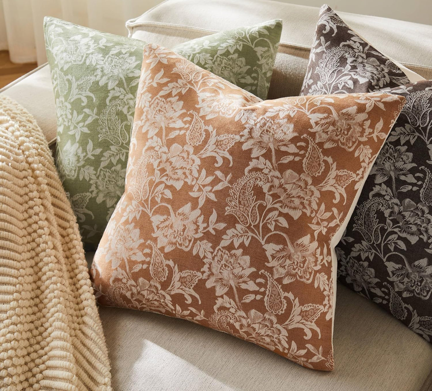 Floral Jacquard Throw Pillow Covers Set of 2, Background/Caramal 24x24 Inch, Farmhouse Decorative Cotton Caramal Cushion Covers for Sofa Bed Living Room Home Decor