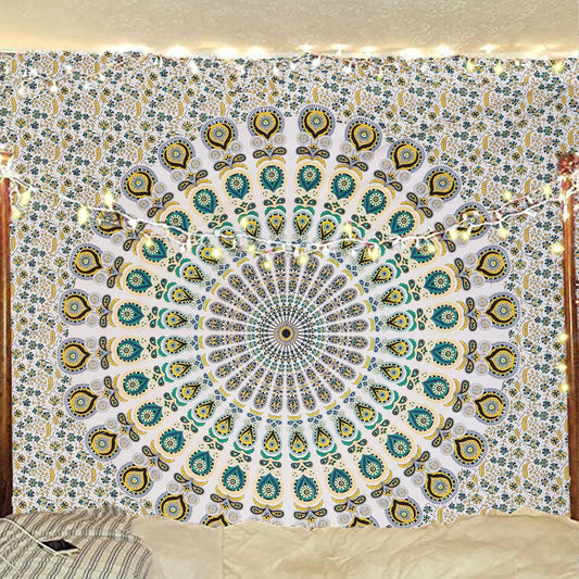 Bless International Handmade Indian hippie Bohemian Psychedelic Peacock Mandala Wall hanging College Dorm Beach Throws Table Cloth Bedding Tapestry (Yellow Green, Queen(84x90Inches)(215x230Cms))