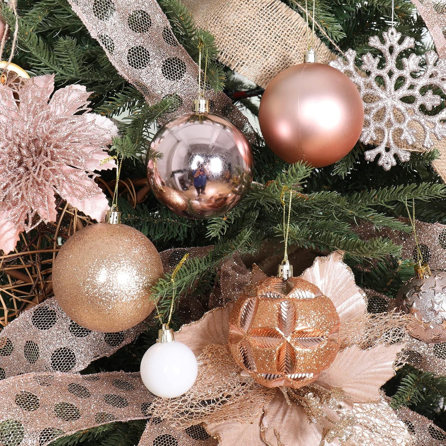 87ct Christmas Ball Ornaments Set Shatterproof Seasonal Hanging Decorations with Reusable Hand-held Gift Package for Xmas Tree Holiday Party and Home Decor, Rose Gold