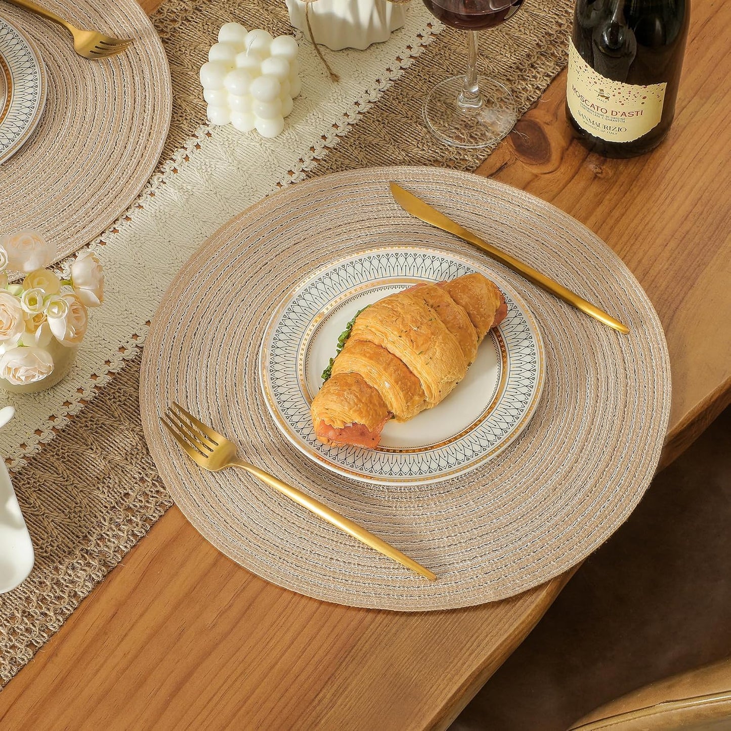 Leetaltree Round Placemats Heat and Slip Resistant Cotton Table Mats, Washable Bohemian Placemats for Dining Tables (Beige, Set of 8)