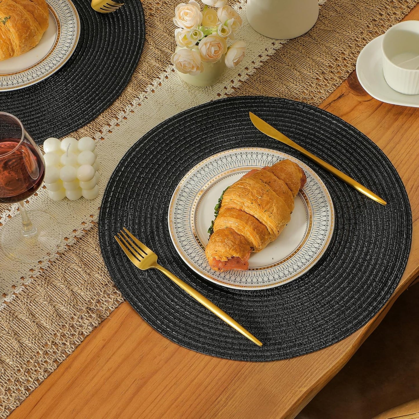 Leetaltree Round Placemats Heat and Slip Resistant Cotton Table Mats, Washable Bohemian Placemats for Dining Tables (Black, Set of 8)